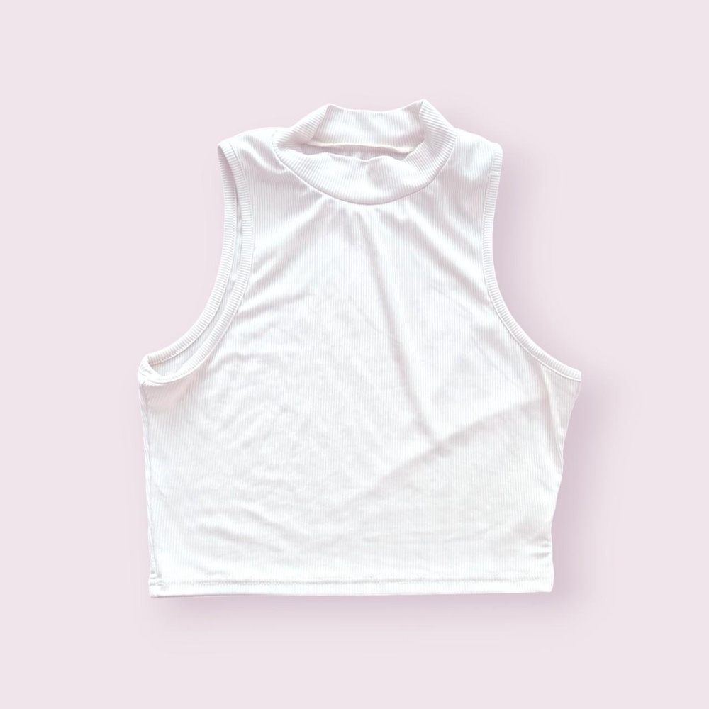Mock neck tank, high neck beige sleeveless crop tank